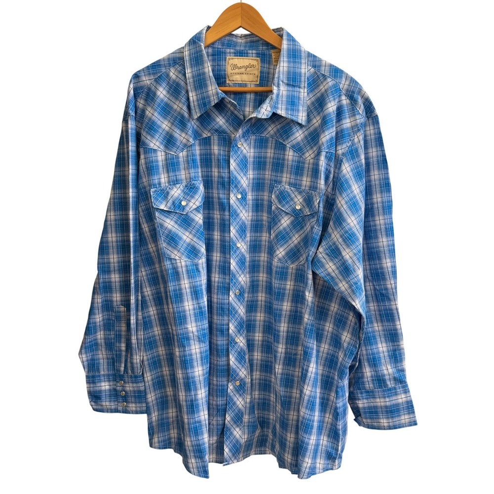 Wrangler Plaid Pearl Snap Shirt Western Mens 3XL Blue Cowboy Casual Rodeo Rugged